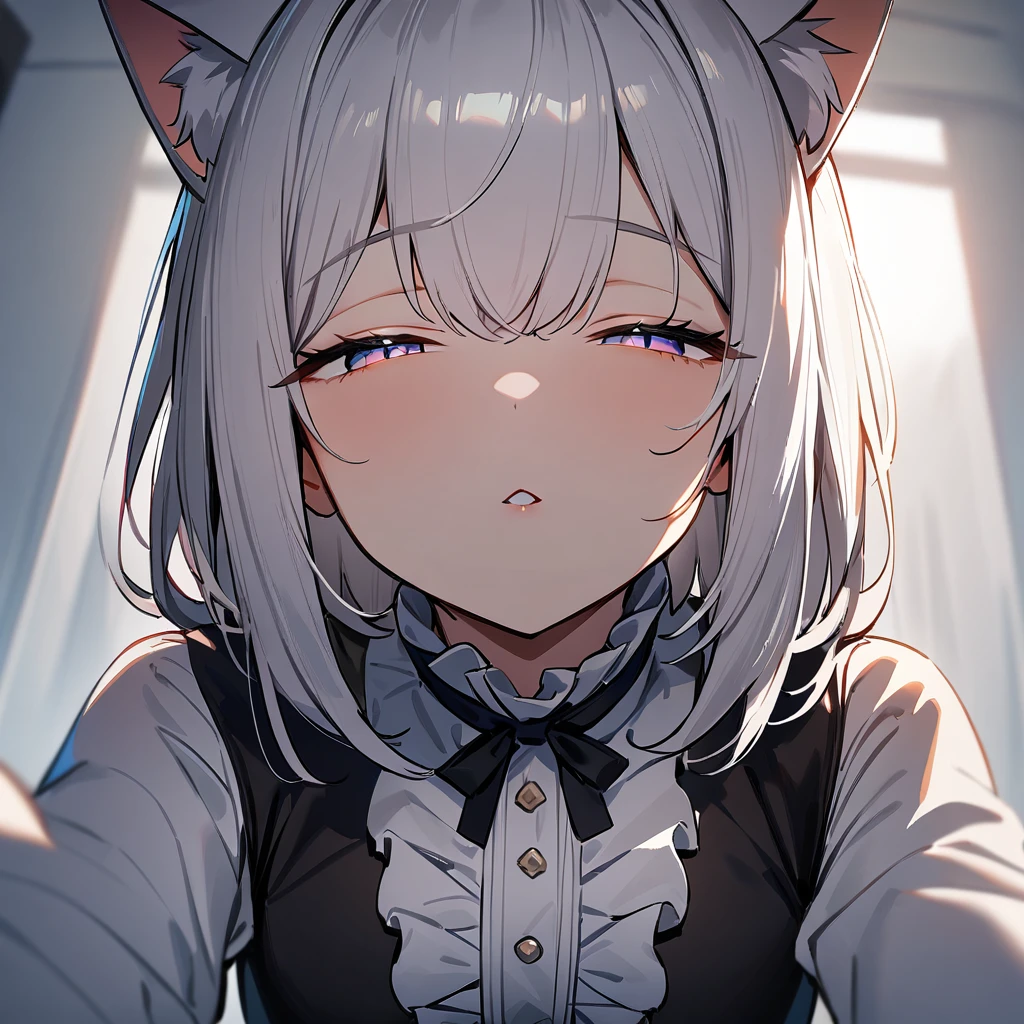 1girl,pov,all fours,Cat ear,Slit pupil,masterpiece,best quality, very aesthetic,absurdres,highlight,center frills,cat ear,medium shot,looking at viewer,half closed eyes,front view,Parted lips,kiss,Dutch angle,straight-on,White hair,arms,imminent kiss