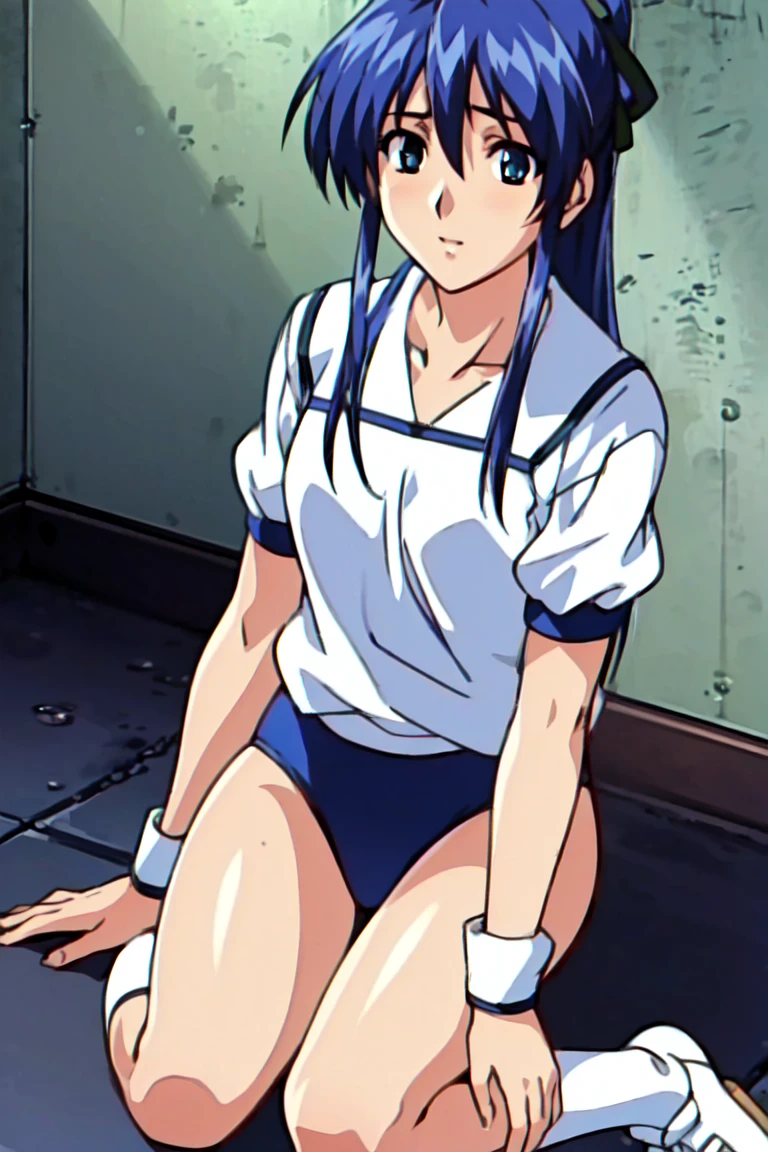 (highest quality,High resolution,Tabletop:1.2),Very detailed,(reality,Photorealisticです,Photorealistic:1.37),Game CG, One Girl, -yeld gi Blue Hair, (Half Up:1.1), (Small breasts), (White short-sleeved gym uniform with navy blue cuffs:1.3、Navy Blue Bloomer:1.3)、barefoot、Dark blue socks、 Big smile、Ground、Schoolyard、Eye and facial details, Kamimei、I am blushing, Shame face、Surprised expression, Soft lighting, break (masterpiece:1.2), highest quality, High resolution, unity 8k wallpaper, (shape:0.8), (Beautiful and beautiful eyes:1.6), Very detailedな顔, Perfect lighting, Extremely detailed CG, (Perfect hands, Perfect Anatomy),