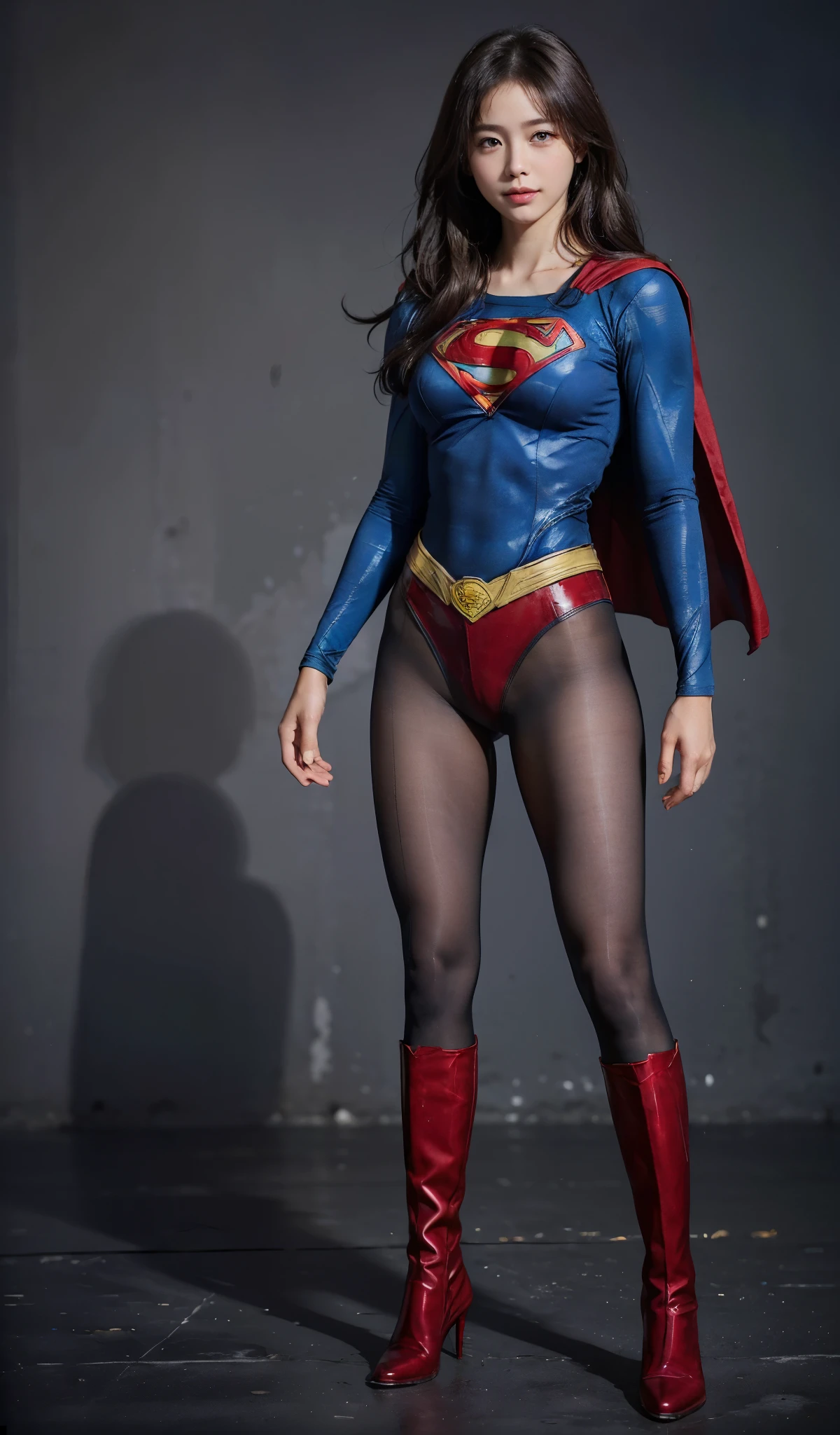 No background、(((Beautiful legs in black tights.)))、(((Legally express the beauty of your smile)))、((((Make the most of your original images)))、(((Body-hugging Supergirl costume)))、(((Supergirl Costume)))、(((Beautiful short hair)))、(((She is winking cutely.)))、(((Please wear black tights....、Wear red boots)))、((Best image quality、8k))、((highest quality、8k、masterpiece:1.3))、(((Preserve background )))、Sharp focus:1.2、Beautiful woman with perfect figure:1.4、Slim Abs:1.2、Wet body:1.5、Highly detailed face and skin texture、8k