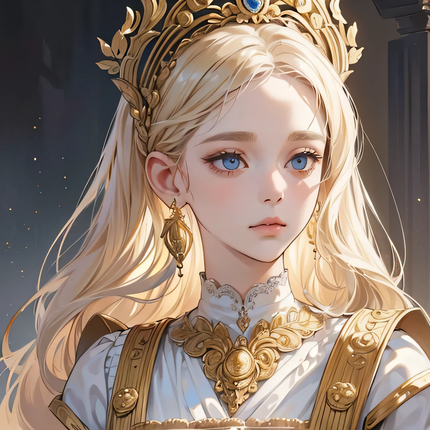 (extremely delicate and beautiful:1.2), 8K,(masterpiece:1.0),(best_quality:1.0), 1 girl, and intricate detailing, Enlarged textures, and intricate detailing, finely eye and detailed face, and intricate detailing, shiraga, platinum blonde curls long hair, (closed mouths), Perfect eyes, Equal eyes, carolina eyes (A famale god) with white and gold ancient clothing and blue accessories