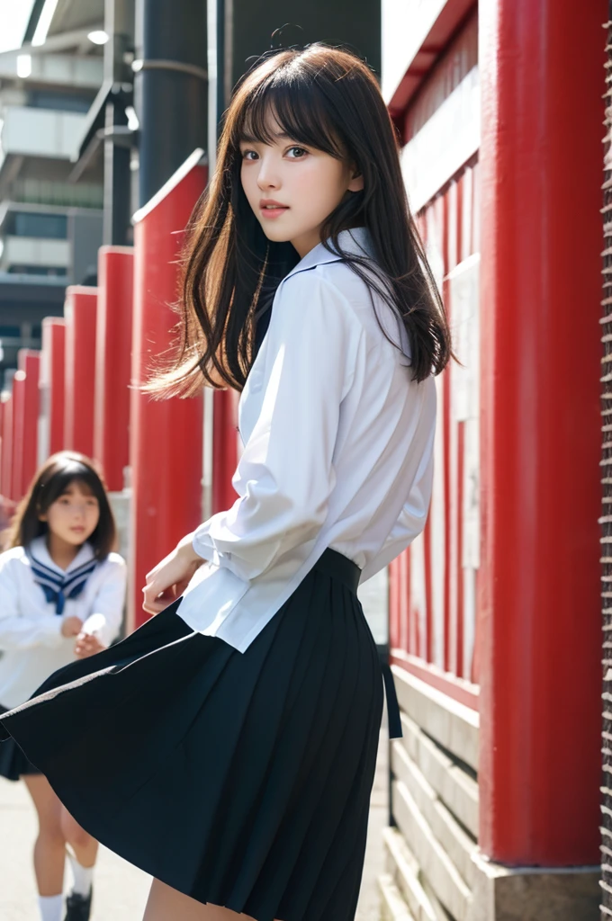 One girl, Uranohoshi Uniform,turn around , Winter clothes, Black Shirt, Black Skirt, Long sleeve, White neckerchief, Pleated skirt, Sailor collar, alone, Long Hair, Are standing, Upper Body, (smile:0.7), View Viewer, Long Hair, Outdoor, noon, street, sunlight, Are standing, Beautiful Face, (Cowboy Shot), 8k, High resolution, 超High resolution, masterpiece,(Realistic), Highly detailed CG integrated 8K wallpaper, (high qualityスキン:1.2),8K Ultra HD, Digital SLR, high quality, Beautiful Skin, Charm, 超High resolution, ultra-Realistic, High resolution, close, Dynamic pose, close,