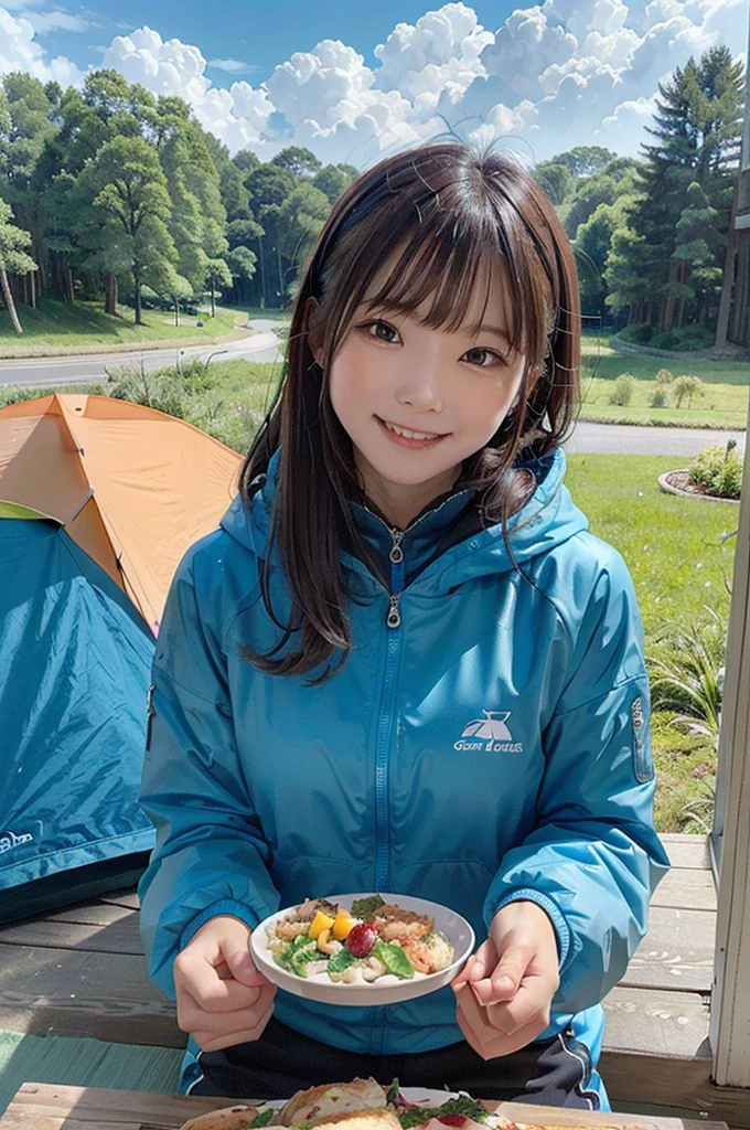 masterpiece, High Resolution, girl,Having a meal, ((Colorful outdoor wear)), (A woman who loves traveling), forest, wood, mount, tent, picnic, adventure ,smile,Solo Camping