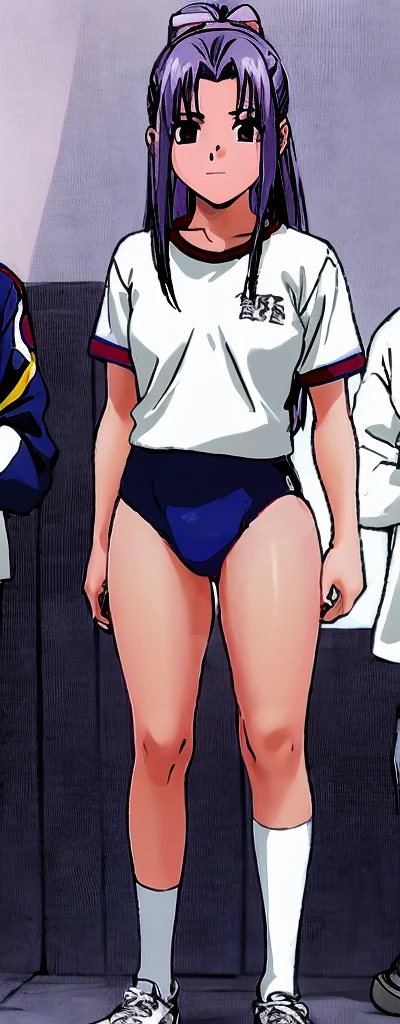 Momoko Koigakubo, a tall girl with beautiful legs, is standing with her legs spread to the sides in a white gym uniform and light navy blue bloomers that look like panties.。Next to Momoko Koigakubo, a smiling second-grade boy is standing in a tracksuit and being held by Momoko Koigakubo.。