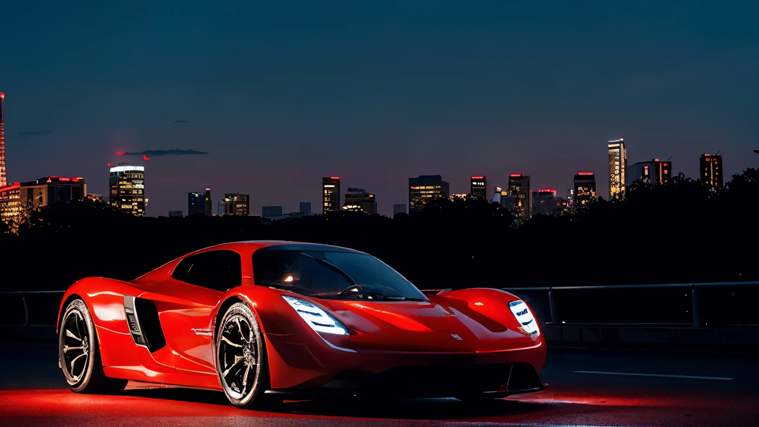 Super photo,Red body,Sense of speed,super race car,concept car,profesional photo,Big wheels,,Cybernetic hood,Network car parts,Front pop-up headlights,scientific fiction,science fiction scene,Natural soft light,Cyberpunk Personage,Cidade Futuristica,Cyberpunk-city,neon lights sign,highly detailed,(highly detailed back ground),Multiple buildings in the background,detailed textures,wide angles,8K,HDR,Professional photo shooting,