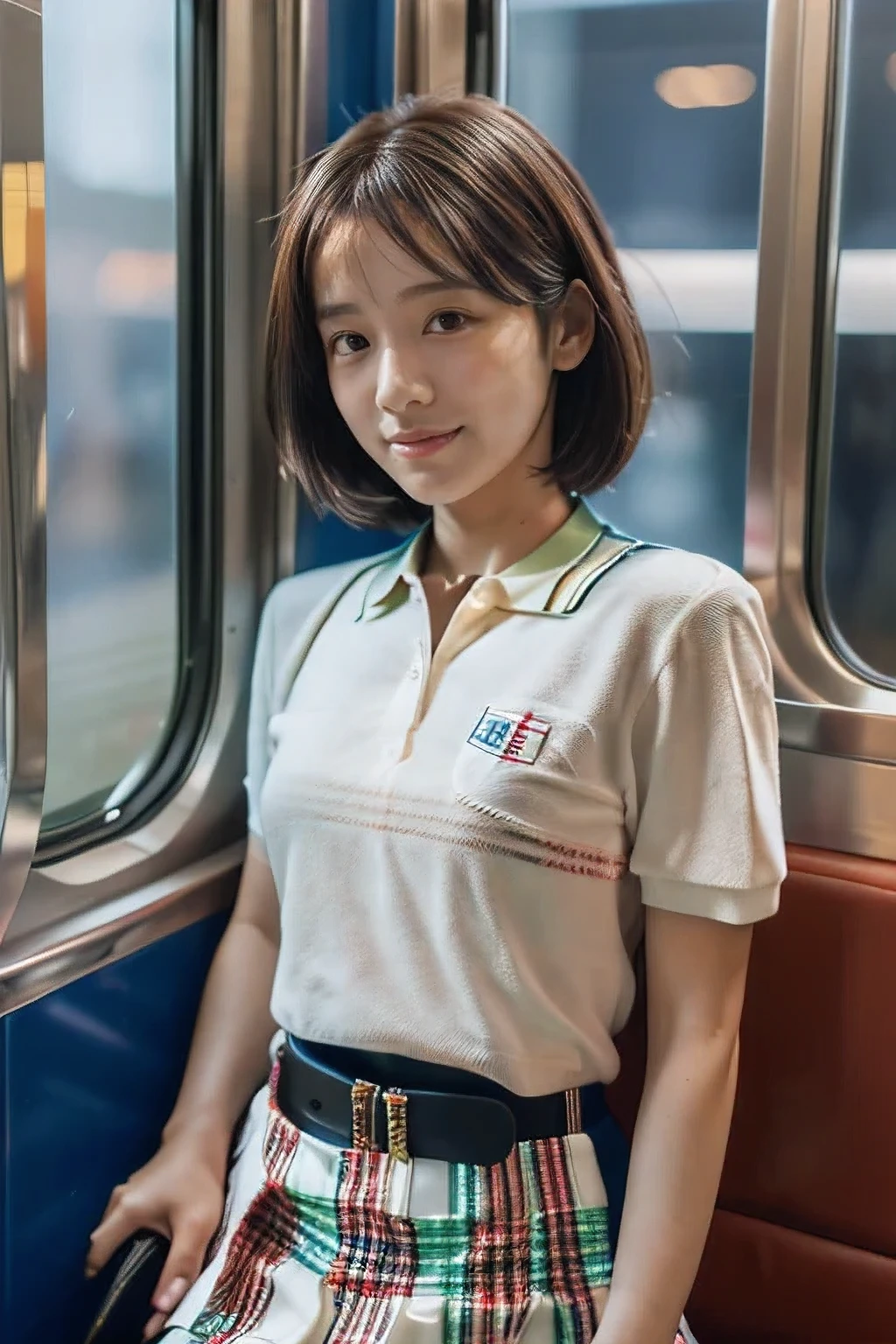 On the way home from a university club、(18 year old woman on train:1.5)、(Looking out the window in the door:1.2)、(The best quality at its best:1.4), (Super detailed), (Very detailed CG unified 16k), Beautiful woman with perfect figure: 1.4, Sharp focus: 1.2, Very detailed, High-quality RAW color photos, Professional photography, Great face and eyes, cosmetics, (Amazingly beautiful girl), ((White polo shirt、Checkered mini skirt:1.5)), Sexy posture，(Angle from behind her), Realistic movie faces, Wide zoomed out view of head to foot length, Full body long view, Realistic, ((Realistic natural orange red hairstyle, Realistic blue eyes)), ( Short Bob Hair:1.5), (necklace:1.5)、, Very beautiful face, Perfect model beauty, Mouth swelling, Highly detailed face and skin texture, Fine grain, double eyelid, Medium chest, smile, Crack, west, (masterpiece), highest quality, High resolution, Very detailed, Blurred Background, Depth of written boundary, Cinema Lighting, Great legs, , Clear, well-maintained skin, (((Women make up the majority of the photo)))