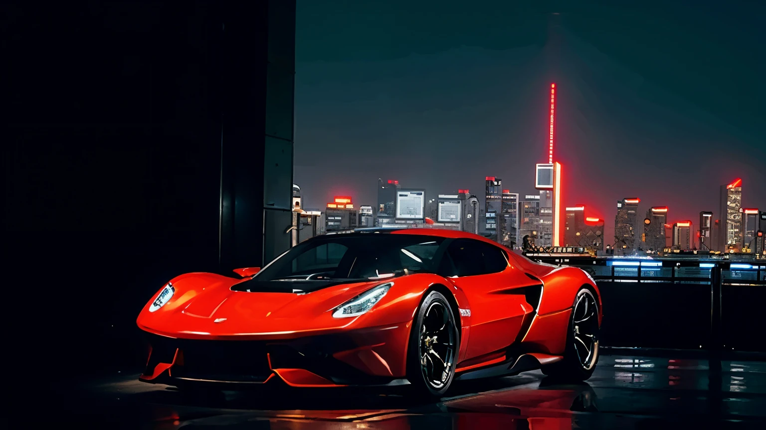 Super photo,Red body,Sense of speed,super race car,concept car,profesional photo,Big wheels,,Cybernetic hood,Network car parts,Front pop-up headlights,scientific fiction,science fiction scene,Natural soft light,Cyberpunk Personage,Cidade Futuristica,Cyberpunk-city,neon lights sign,highly detailed,(highly detailed back ground),Multiple buildings in the background,detailed textures,wide angles,8K,HDR,Professional photo shooting,