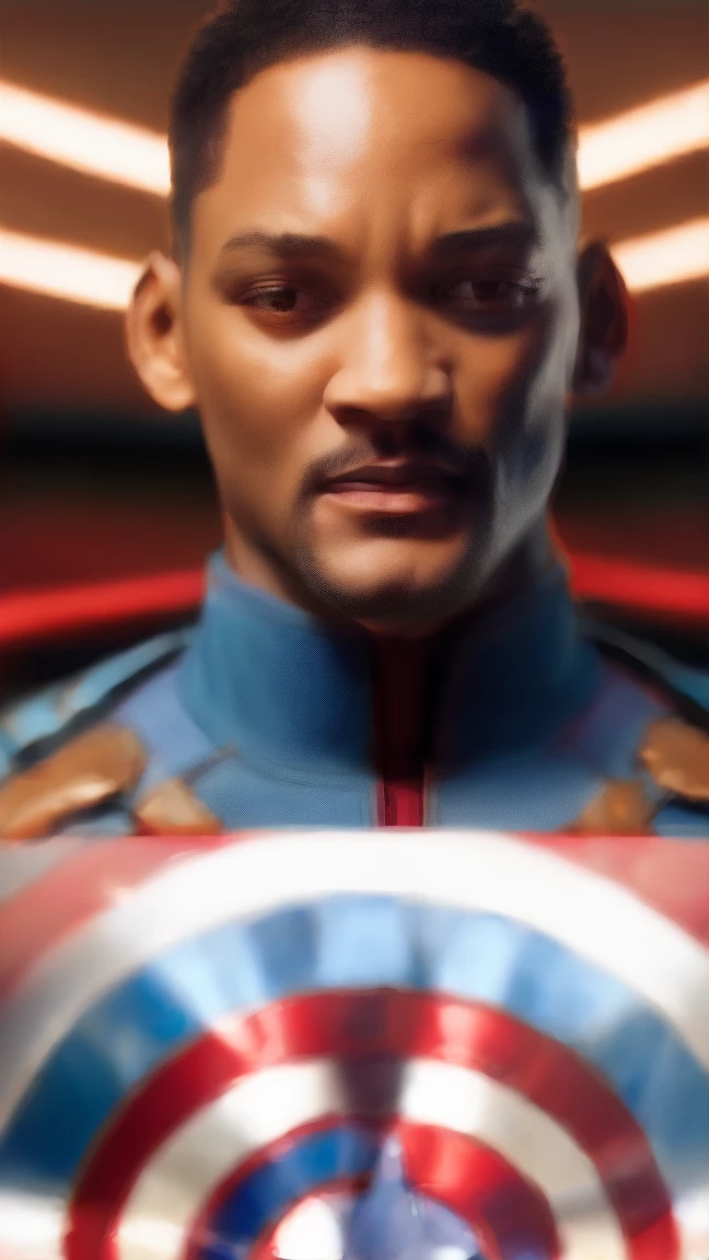 . .Tarantino style Will Smith as Captain America 8k, high definition, detailed face, detailed face, detailed eyes, detailed suit, in style of marvel and dc, hyper-realistic, + cinematic shot + dynamic composition, incredibly detailed, sharpen, details + superb details + evening with light + perfectionism + award winning realism ((moody lighting))