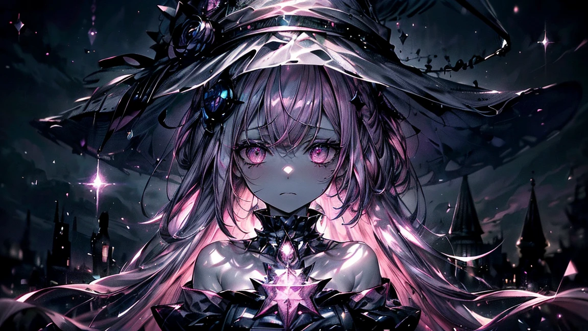 (Artwork,Better Quality,Ultra-detailed),1 girl,Pink Hair,pink witch hat,(Pale skin),pink witch costume,Beautifully detailed face, Fine grain,Watching the audience,Small box,((Gray Theme),((depression, sadness, melancholic)),Tired look,sad,Starry Sky , 32k, Highest Resolution