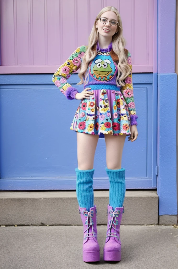from below, (pale girl,pale skin full of freckles, glasses, muppet face bag, blue boots with a blue heel, full lenght view, heavy boots, platform boots, massive boots, kneehigh boots, full length view, full height view, flower power, killer boots, 1990s flower power hippy, ) outfit inspired by Cookie Monster Muppets clothes outfit,pop art, sesame street, sesame street muppets, gonzo, the muppets, muppet show, totally gonzo, leaked image,