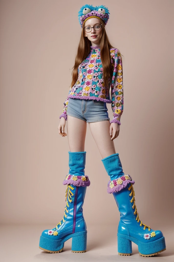 from below, (pale girl,pale skin full of freckles, glasses, muppet face bag, blue boots with a blue heel, full lenght view, heavy boots, platform boots, massive boots, kneehigh boots, full length view, full height view, flower power, killer boots, 1990s flower power hippy, ) outfit inspired by Cookie Monster Muppets clothes outfit,pop art, sesame street, sesame street muppets, gonzo, the muppets, muppet show, totally gonzo, leaked image, 

