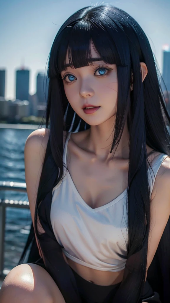 a close up of a person with long hair and a white clothes, uzumaki himawari, uzumaki himawari from anime boruto, as an anime character, perfect anime face, she has dark blue hair with bangs, female anime character, anime character, anime best girl, hime cut hairstyle, dark blue hair, (red glossy lips:1.3), blue eyes, smile, realistic, ultra detail, city background, (beautiful face:1.3)