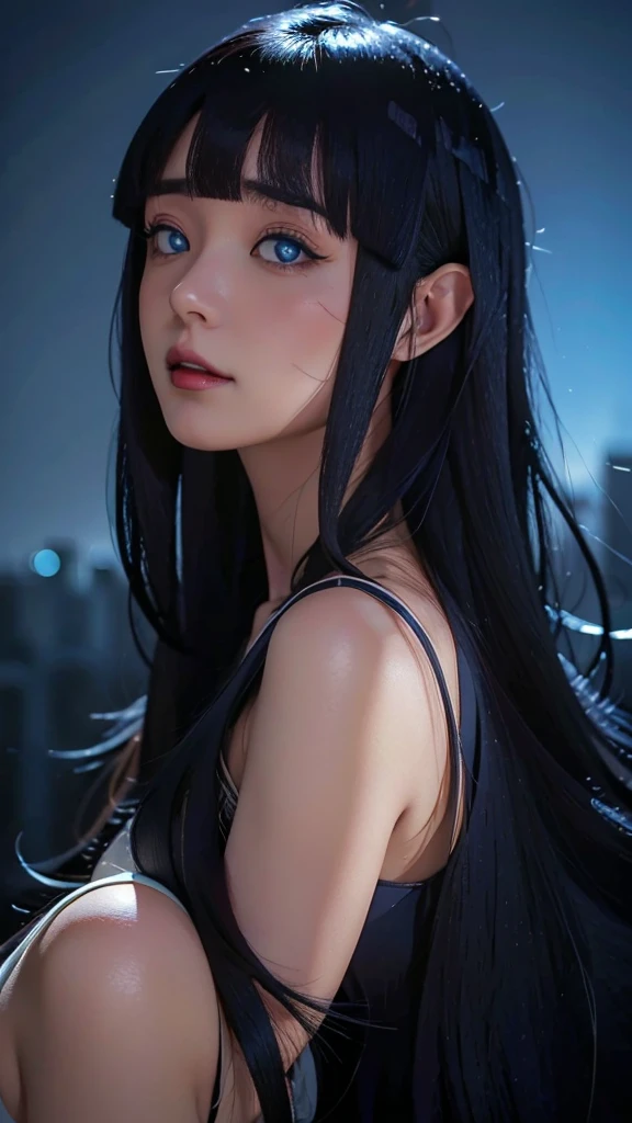 a close up of a person with long hair and a white clothes, uzumaki himawari, uzumaki himawari from anime boruto, as an anime character, perfect anime face, she has dark blue hair with bangs, female anime character, anime character, anime best girl, hime cut hairstyle, dark blue hair, (red glossy lips:1.3), blue eyes, smile, realistic, ultra detail, city background, (beautiful face:1.3)