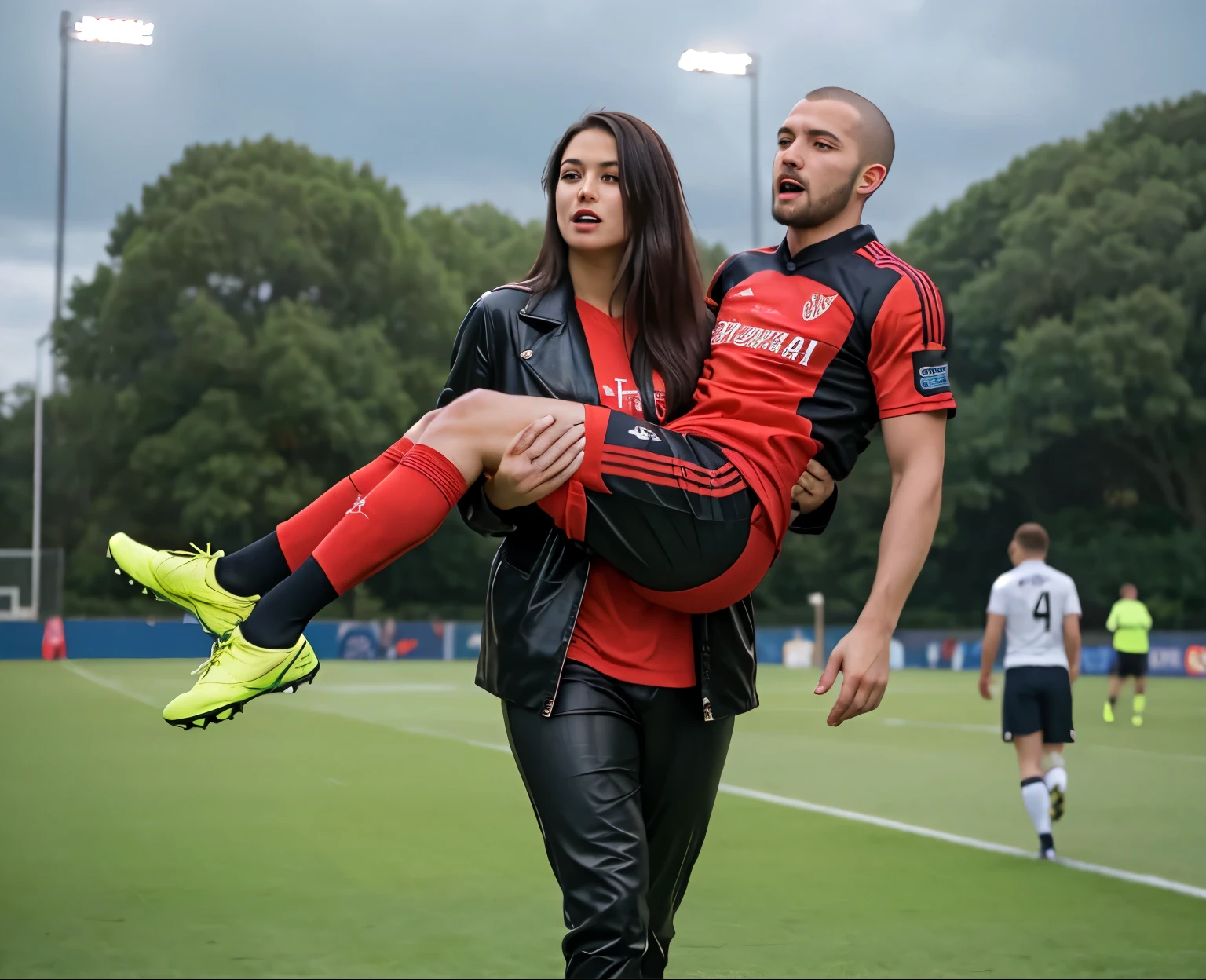 fainting, fainted man, unconscuous man, passed out, Andrea carries the wounded man's body in her hands, Andrea grabs his legs and his body with her hands, the bearded man in Andrea's arms is visibly in pain, stadium atmosphere, the bearded man is lying consciousless in Andrea's arms with one arm hanging down, A scene at a soccer stadium, a bearded man lying in a caring women's arms, lying helpless in her arms with his head dangling down, he has one arm dangling down while being carried in the women's arms, There is an attractive and heavily made-up woman in a long black leather coat, A pretty woman in a shiny black leather coat on a soccer field, A wonderful woman is holding a passed out man, A man in matt and roughened sportswear is held diagonal in her arms, a man in a woman's arms and lets one arm dangling down, we see the man held in front of the woman's body, the man is cradled in the woman's arm while being carried, the beautiful woman is exceptionally heavily made up and has an extremely desperate and very angry expression on her face, high-resolution photo, realistic sports photo, soccer scene, woman in black shiny long leather coat, injury scene, real photo, ultra realistic, high definition, sports photography