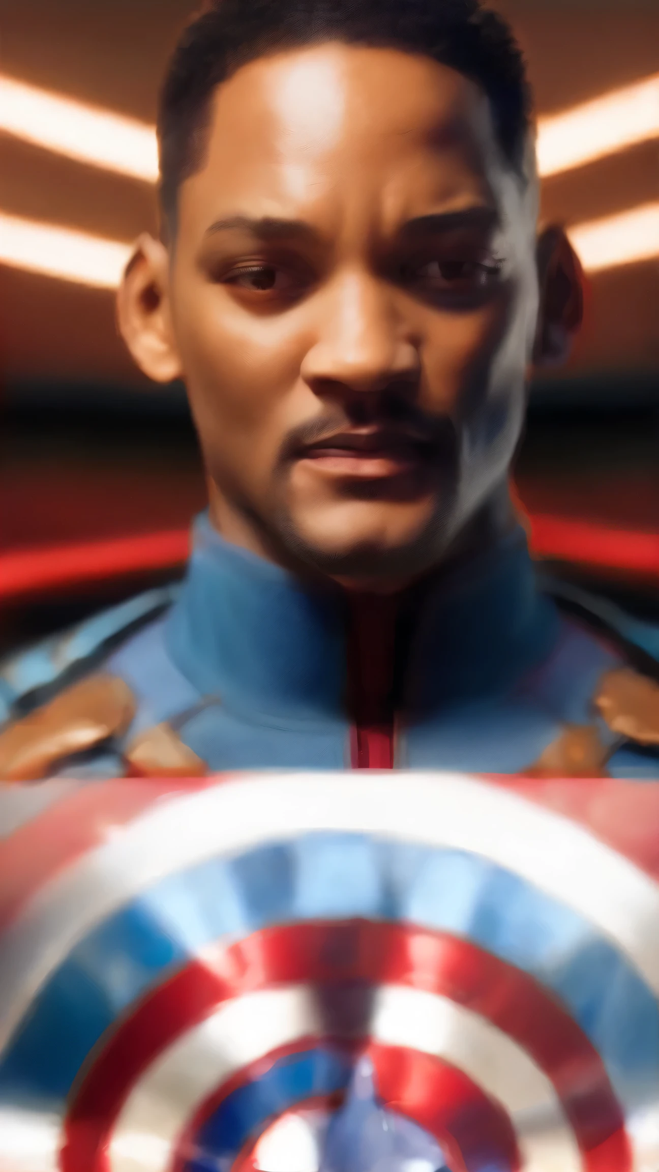 . .Tarantino style Will Smith as Captain America 8k, high definition, detailed face, detailed face, detailed eyes, detailed suit, in style of marvel and dc, hyper-realistic, + cinematic shot + dynamic composition, incredibly detailed, sharpen, details + superb details + evening with light + perfectionism + award winning realism ((moody lighting))