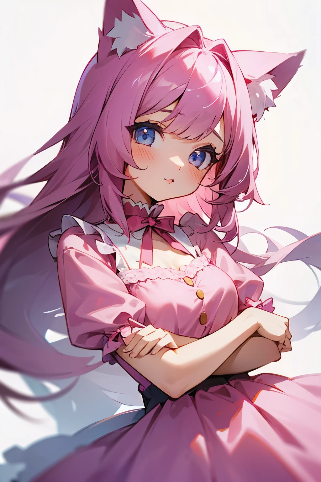 A girl with cat ears is wearing a fluffy pink dress、There's a kitten on my shoulder、Fluffy pink long hair、Pastel pink overall