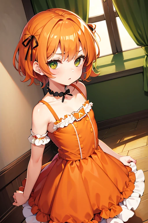 Girl, small, flat chest, orange hair, orange twirly hair, short hair, green eyes, light skin, {lolita frilly red dress}, cute