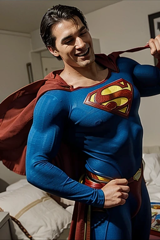 Joyful superman gives a gift