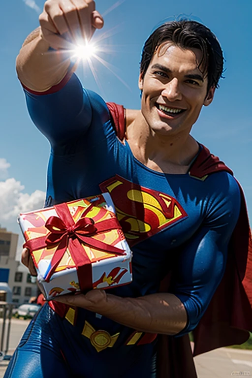 Joyful superman gives a gift