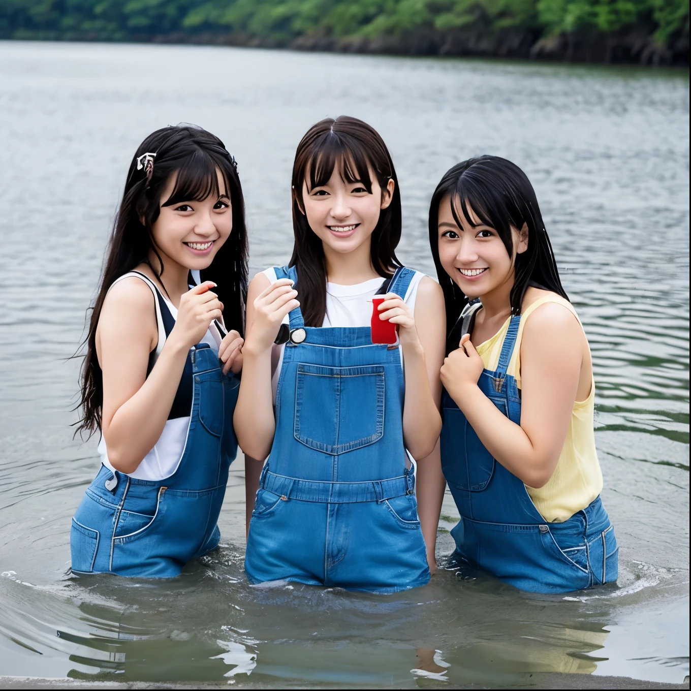 びしょ濡れの光沢があるデニムのOverallsを着たまま水に浸かる女の子たち。Overalls(wet clothes:1.2)Long pants、Girl sitting in water。I was in water up to my knees、Overallsが水の中に入っている。There are three Japanese anime girls。It's in the pool。live-action、photograph。The denim has darkened due to being wet.。All my clothes are wet(wet)。びしょ濡れのOveralls(wet clothes)(wetlook)。Wet with rain。Standing in a puddle。Sitting down。