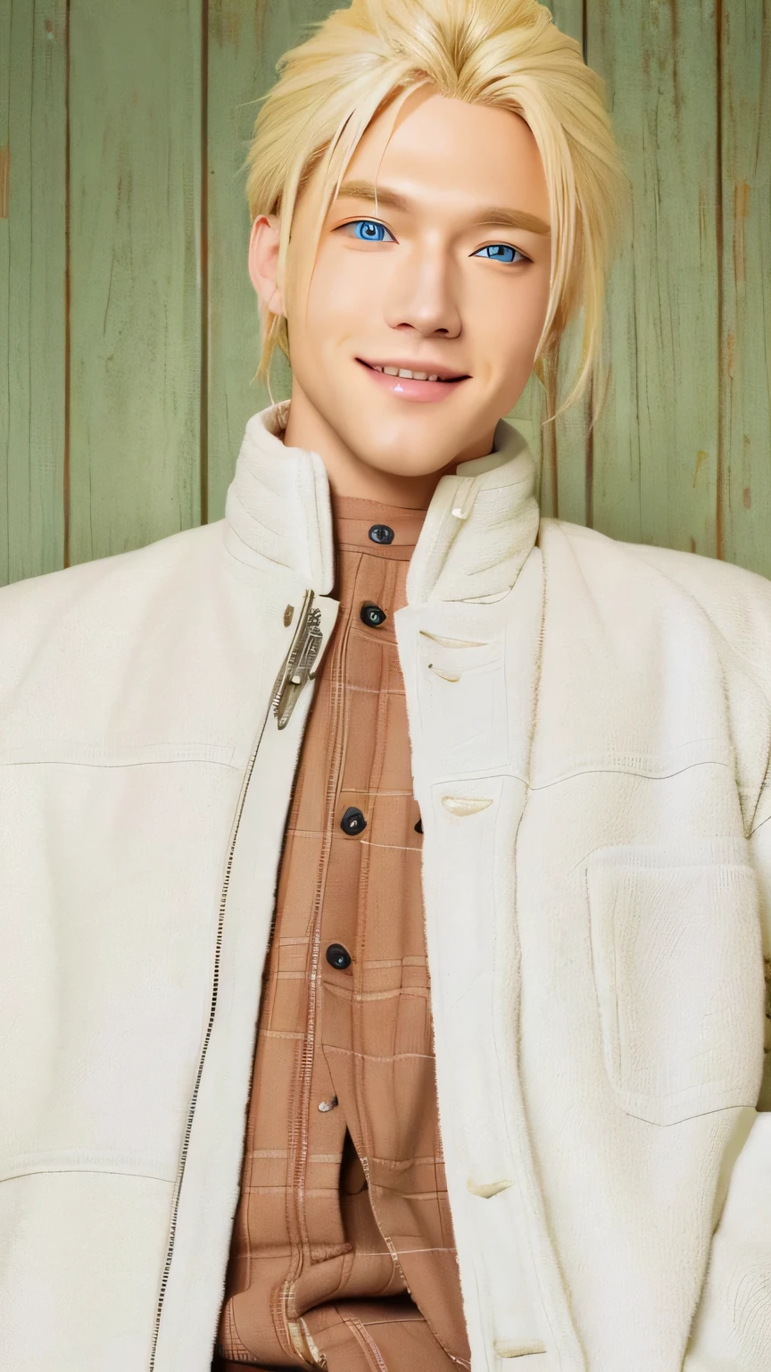 Handsome smiling man with blonde hair and blue eyes wearing a white jacket, from Naruto.