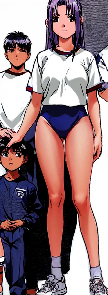 Momoko Koigakubo, a tall girl with beautiful legs, is standing with her legs spread to the sides in a white gym uniform and light navy blue bloomers that look like panties.。A second-grade boy wearing a tracksuit is standing next to Momoko Koigakubo and is being held by her with a smile.。