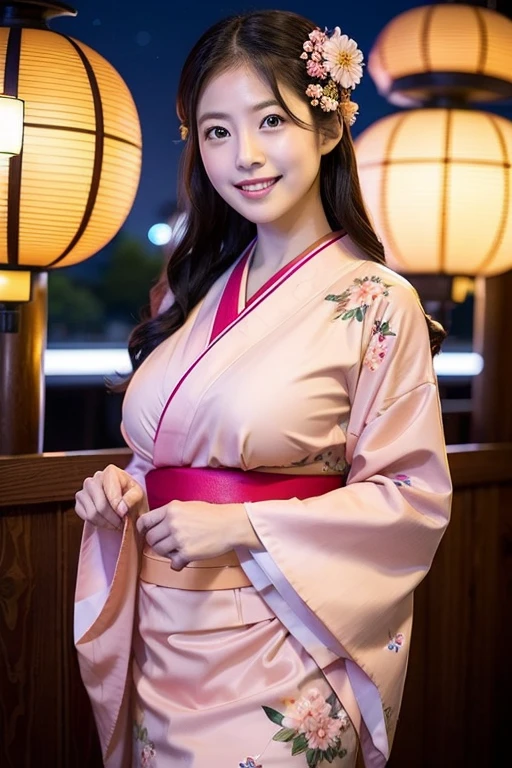 (masterpiece、high resolution、high quality)、Japanese beautiful girl:1.3、12-year-old elementary school student、Immature body、Beautiful body、Japanese Yukata、Soaring、night、Laughter、Clear Eyes、、Beautiful Skin、 (Pink kimono、Sunny clothes、Long-sleeved kimono、Japanese style floral pattern:1.2、Her breasts are exposed from her kimono) , Black-haired ,　Japanese style hair ornaments、Very beautiful breastedium breast、Beautiful cherry-colored areola、Beautiful erect nipples、Small butt、Shaved、Cool Summer、nightの夏祭り、Fireworks display、Professional Photography、