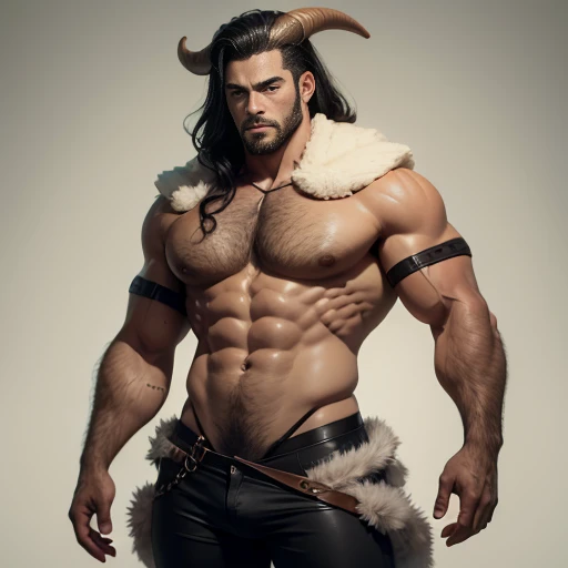 random color male, bara, massive pecs:1.35, very hairy everywhere:1.50, happy trail from chest downL1.50, bulge in pants, fur legs, fur, goatlike legs, fur on legs, goatlike, satyr, horn, long black hair