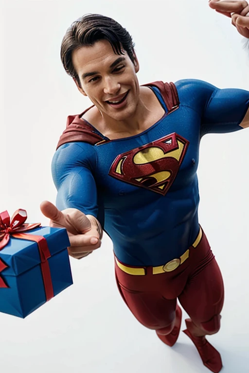 Joyful superman gives a gift, On a white background, fits perfectly into the picture