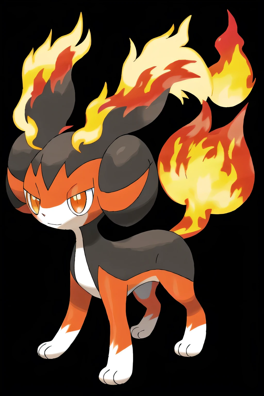 sugimori ken \(style\), pokemon \(creature\), pokemon, masterpiece, high quality, best quality, high-definition, ultra-detailed, black background, Flarit is a small, quadrupedal Pokémon with a fiery tuft on its head and tiny, curved horns. Its body is covered in short, flame-colored fur, and its eyes sparkle with determination