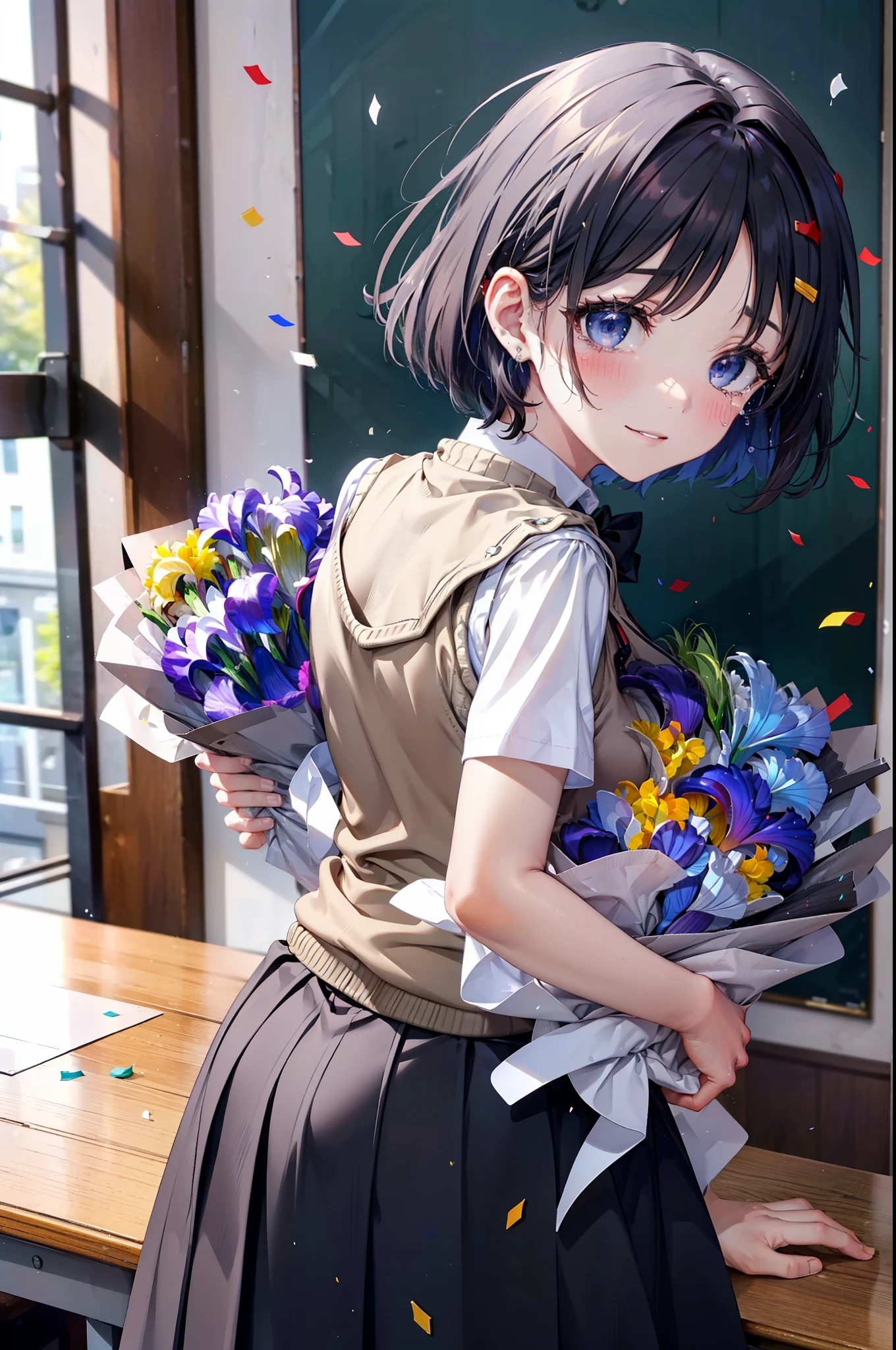 yuukikonno, Yuki Konno,Black Hair,short hair,Bob Hair ,Green headband,(iris:1.5), (Small breasts:1.2), smile,break skirt, shirt, bow, ribbon, , white shirt, Short sleeve, Pleated skirt, collared shirt, mini skirt, bowtie, 茶色のloafers , Black Skirt, Black Pantyhose, loafers, black bow, Sweater vest, (back Sweater vest:1.5),There is a big birthday cake on the table.,Tears stream down her face,Tears of joy,I cry a lot,whole bodyがイラストに入るように,holding a large bouquet of flowers in both hands,Confetti,
break indoors, School,classroom,
break looking at viewer, whole body,
break (masterpiece:1.2), highest quality, High resolution, unity 8k wallpaper, (shape:0.8), (Beautiful details:1.6), Highly detailed face, Perfect lighting, Highly detailed CG, (Perfect hands, Perfect Anatomy),