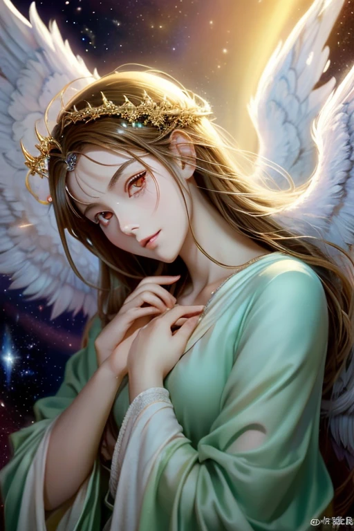 Anime Style, (Surrealist:1.2), beautiful, Master Parts, highest quality, Highly detailed face, Perfect lighting, Nice hands, Perfect Arms, An angel shining with a sacred and heavenly splendor, (Heavenly Being:1.2), (Calm expression), (Majestic Wings), (Mysterious glow:1.1), (Peaceful and comfortable), (Superb beauty), (God's Grace), (A symbol of purity), (Golden Halo), (An uplifting atmosphere), (Kingdom of Heaven), (Spiritual Lighting), (Soft and protective), (Illumination light:1.2), (Angelic figures), (Harmony and tranquility), (Angel Robe), (Timeless and heavenly), (Captivating aura), (Healing and guidance),Two Angels