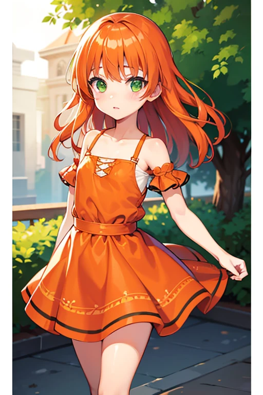 Girl, small, flat chest, orange twirly hair, medium hair, green eyes, light skin, red maid dress