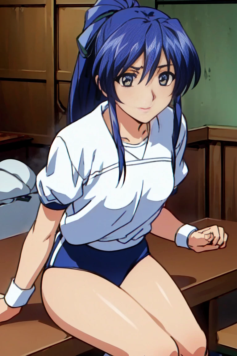 (highest quality,High resolution,Tabletop:1.2),Very detailed,(reality,Photorealisticです,Photorealistic:1.37),Game CG, One Girl, 16-year-old girl, Blue Hair, (Half Up:1.1), (Small breasts), (White short-sleeved gym uniform with navy blue cuffs:1.3、Navy Blue Bloomer:1.3)、barefoot、Dark blue socks、 Big smile、Ground、Schoolyard、Eye and facial details, Kamimei、I am blushing, Shame face、Surprised expression, Soft lighting, break (masterpiece:1.2), highest quality, High resolution, unity 8k wallpaper, (shape:0.8), (Beautiful and beautiful eyes:1.6), Very detailedな顔, Perfect lighting, Extremely detailed CG, (Perfect hands, Perfect Anatomy),