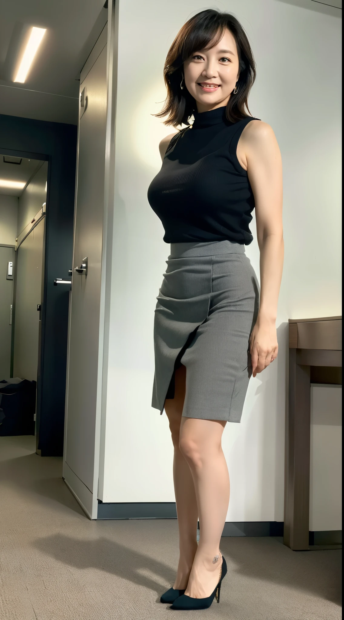 ulzzang-6500-v1.1,  (RAW Photos:1.2), (Photorealistic), Beautiful details, (Genuine: 1.4), Very detailedな目と顔, Beautiful and fine details, Standing in the office、(Sleeveless high neck sweater、flare skirt:1.2)、(Ultra-realistic pantyhose、High heels)、Stand with your legs crossed、Large file size, High resolution, Very detailed, highest quality, [masterpiece:1.6], Awareness-raising, Very detailed, Hmph, In detail, highest quality, 8k wallpaper, Cinema Lighting, One mature woman, 43 years old, Perfect figure, Cute droopy eyes、Beautiful big eyeastepiece)), highest quality, One mature woman, eye shadow, Portraiture, ((Full Body Shot:1.4))、(A very loving smile:1.2)、