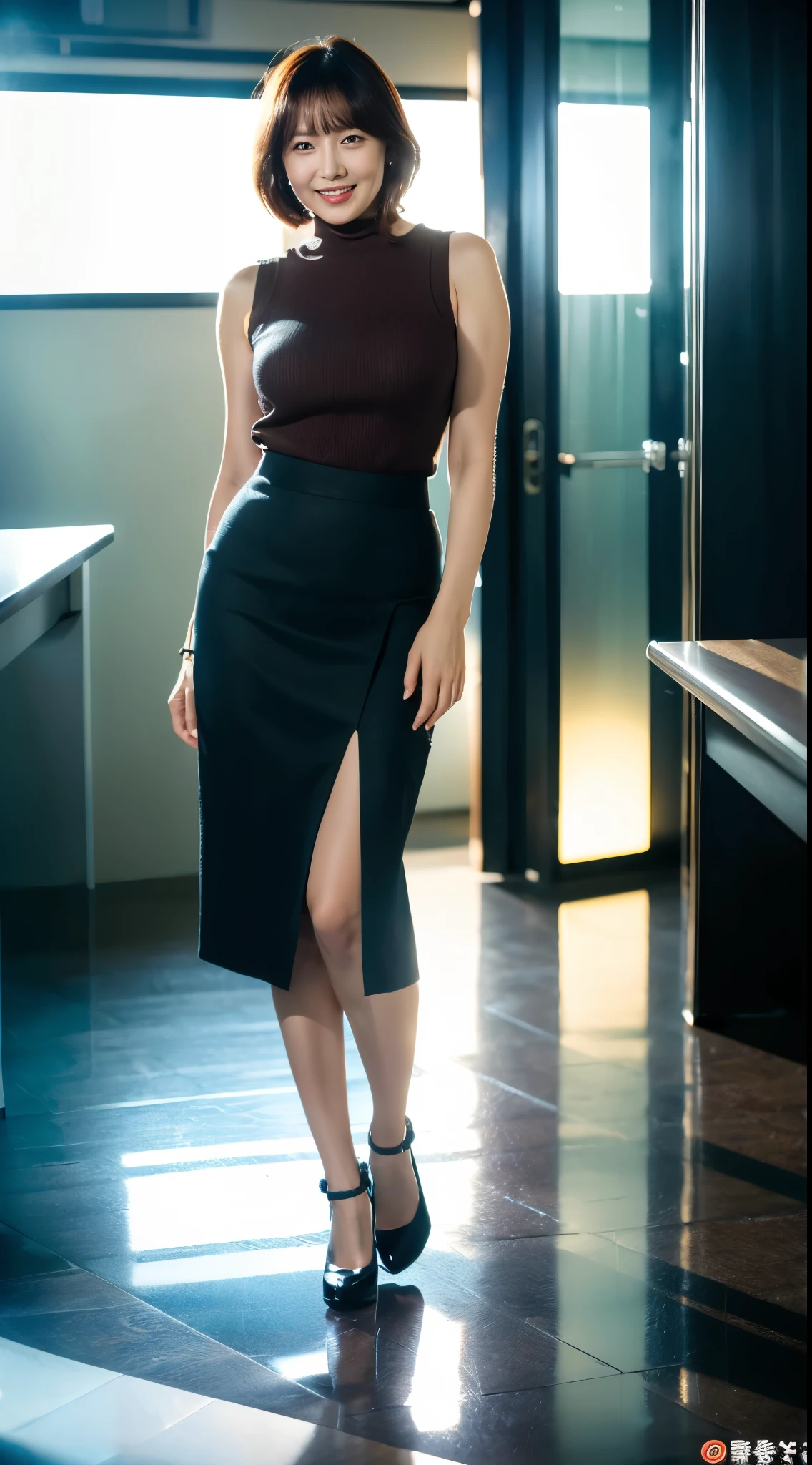 ulzzang-6500-v1.1,  (RAW Photos:1.2), (Photorealistic), Beautiful details, (Genuine: 1.4), Very detailedな目と顔, Beautiful and fine details, Standing in the office、(Sleeveless high neck sweater、flare skirt:1.2)、(Ultra-realistic pantyhose、High heels)、Stand with your legs crossed、Large file size, High resolution, Very detailed, highest quality, [masterpiece:1.6], Awareness-raising, Very detailed, Hmph, In detail, highest quality, 8k wallpaper, Cinema Lighting, One mature woman, 43 years old, Perfect figure, Cute droopy eyes、Beautiful big eyeastepiece)), highest quality, One mature woman, eye shadow, Portraiture, ((Full Body Shot:1.4))、(A very loving smile:1.2)、