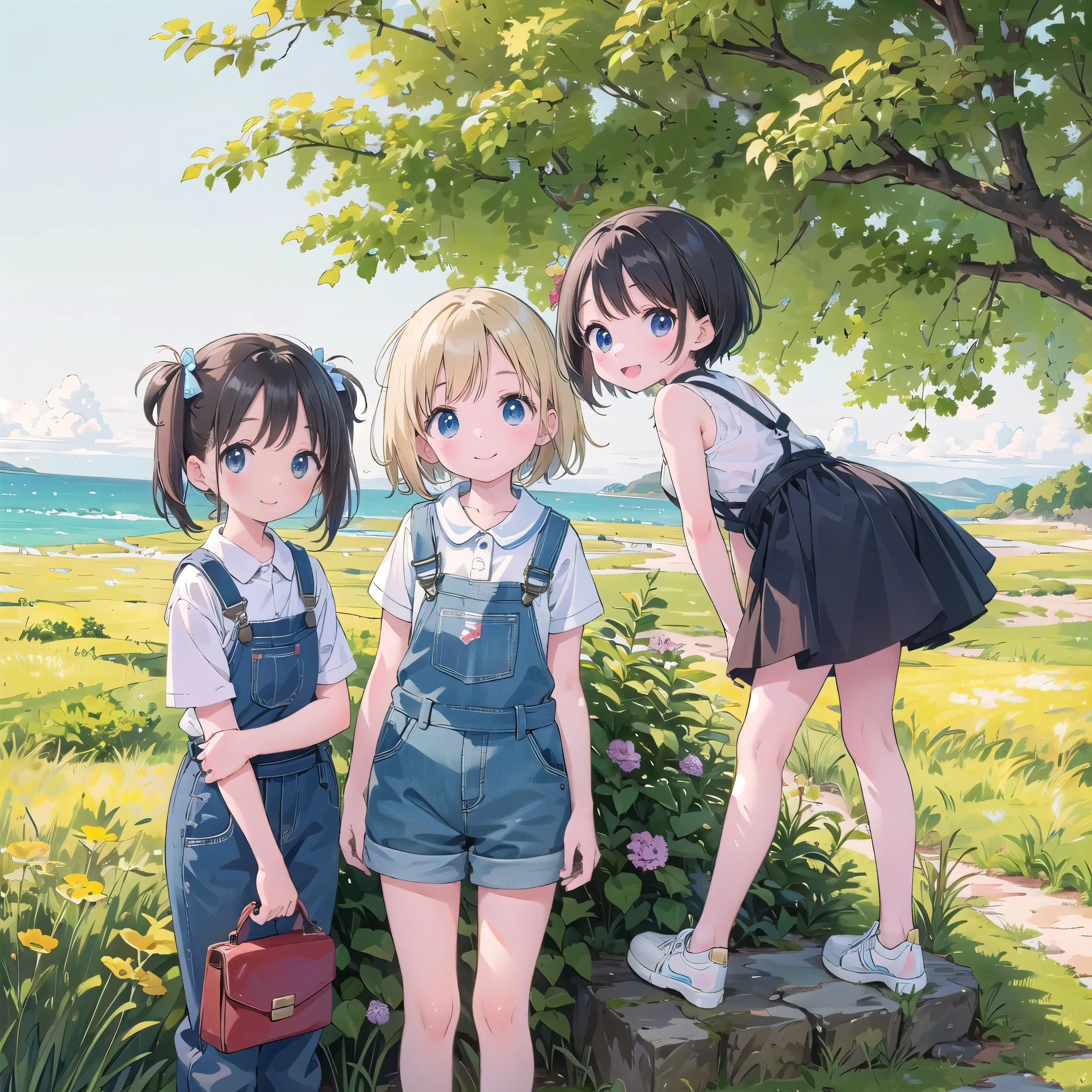 8-year-old、pretty girl、Overalls、A happy smile、beautiful Background, Four Girls