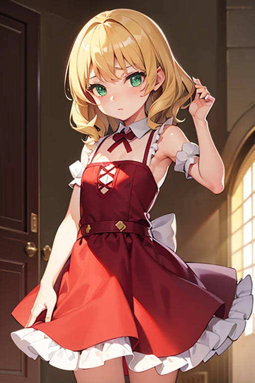 Girl, small, flat chest, blonde twirly hair, medium hair, green eyes, light skin, red maid dress