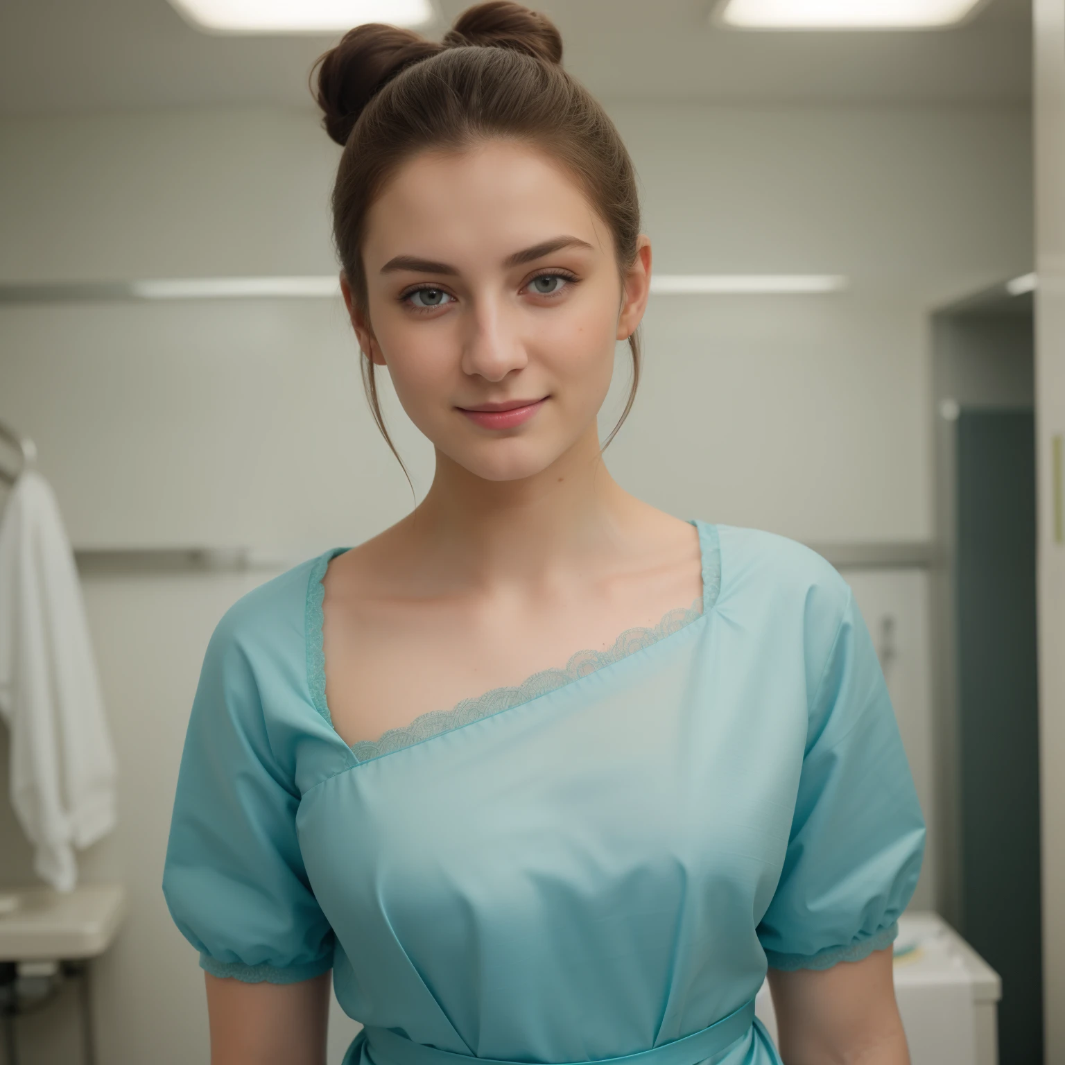 A Realistic Portrait, of a ager girl, 13 ydy oscar),,  wearing teal nylon patient gown, standing in medical change room, schier, Vollansicht, Seitenschuss, Full body shot, , Lacey, Beautiful woman, von der Seite schauen!, Full body closeup, schwarze Spitze, lingerie!!Beautiful, detailed face, detailed eyes, (realistic skin:1.3), (pale skin:1.1), (textured skin:1.3), (()), big smile, (iphone photograph), , (artificial lighting:1.3),  looking at the camera, perfect slim body, amateur Photography, Photorealistic, Detailed, analog, poor quality, grainy, , frontal wideangle, showing full body, direct front perspective, ,short hair tied up, hair bun, hair tied as chignon