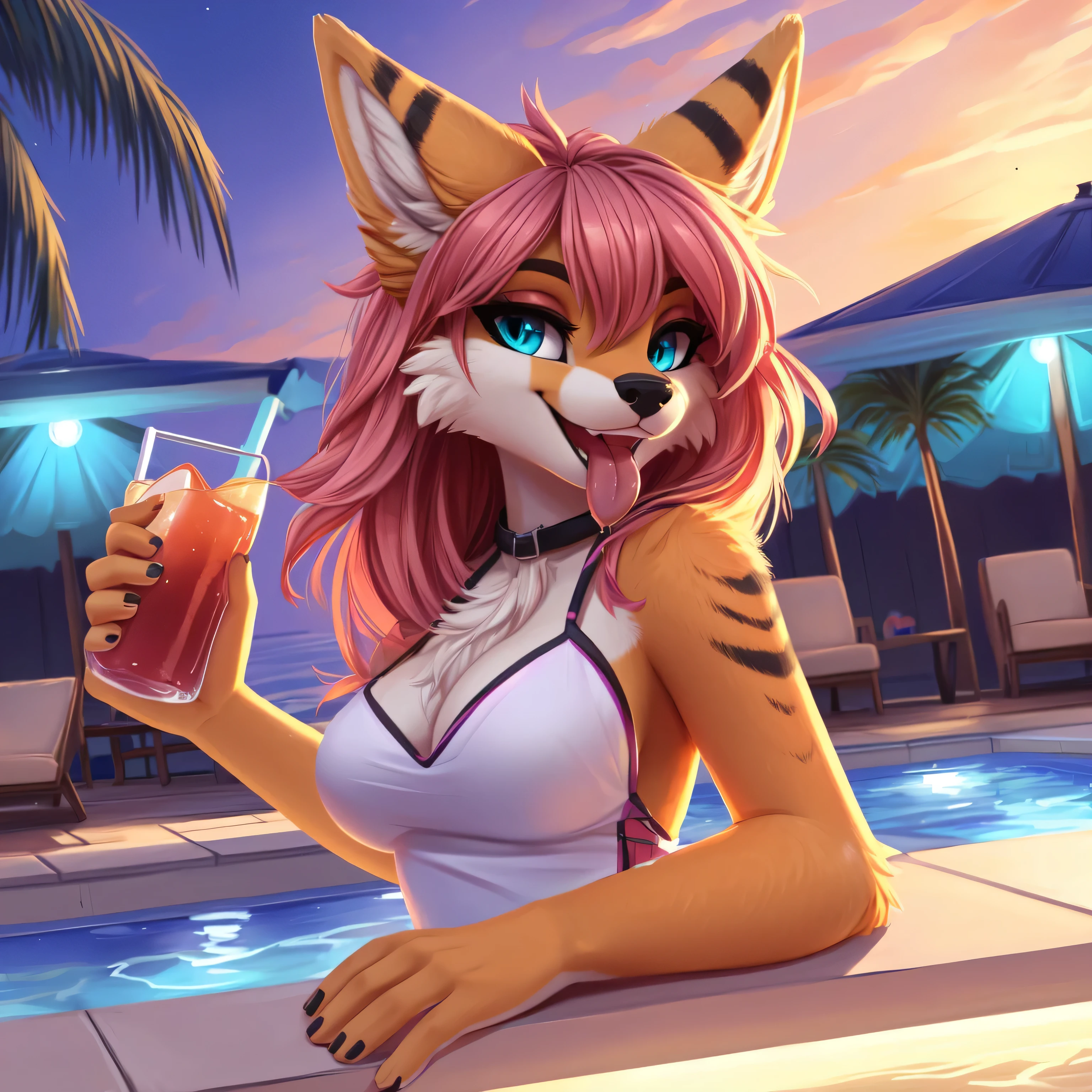 Summer pool party,huge part, party light, drink bar, driks in hands, dancing,at sunset, anthropomorphic females, cute females, fursonas, furry art,(sfw) safe for work, female furry mini cute style,furry, naughty face, smug, tounge out, winking eye, wide angle shot, front-side view, toon shader, high details, high quality, best quality, highres