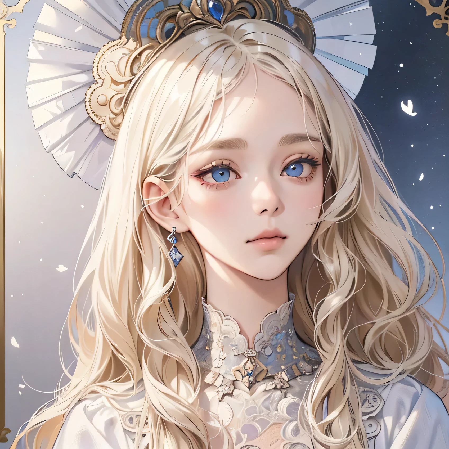 (extremely delicate and beautiful:1.2), 8K,(masterpiece:1.0),(best_quality:1.0), 1 girl, and intricate detailing, Enlarged textures, and intricate detailing, finely eye and detailed face, and intricate detailing, shiraga, platinum blonde curls long hair, (closed mouths), Perfect eyes, Equal eyes, carolina eyes (A famale god) with white and sliver ancient clothing and blue accessories
