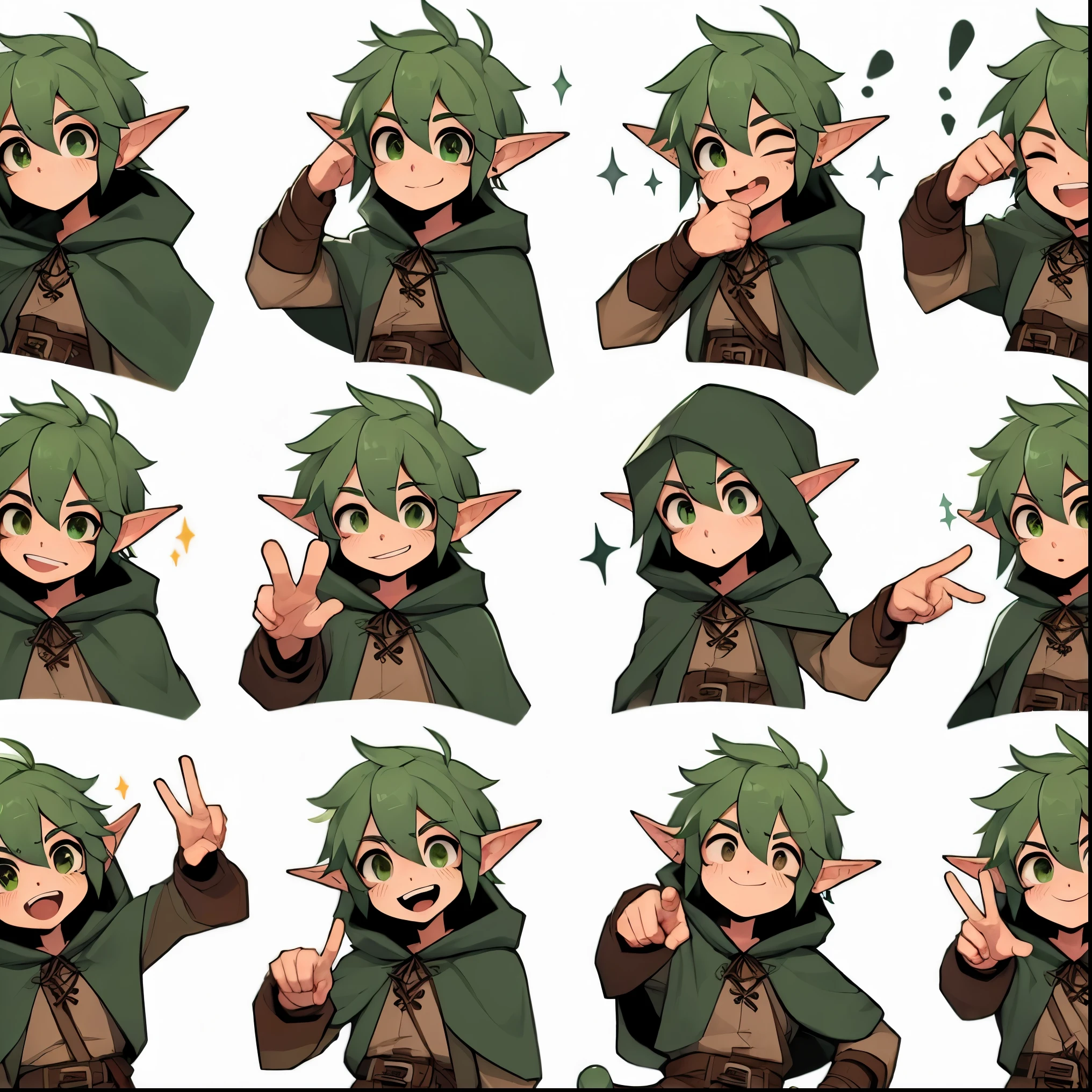 a close up of a person with different facial Expressions, cunning expression, adesivo de telegrama, standard pose neutral expression, Cute expression, various poses, lalafell, full of Expressions, ██full of Expressions██, adesivo de telegrama design, maple story character art, neutral Expressions, Folha de sprite, Expressions, retrato de um jovem elfo bruxo