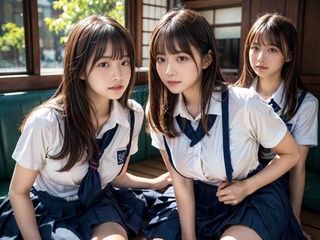 (RAW photo, 4k, masterpiece, high resolution, extremely complex) (realistic: 1.4), cinematic lighting
((2 girls, 2 schoolgirls)),Slam Dunk's,blushing,((innocent)),bright eyes,round eyes,blunt bangs,(straight hair:1.3),black hair,large breasts,wide hips,Summer Noon, ,Hot, (Best Quality), (Highres), (an Extremely Delicate and Beautiful),(Beautiful 8k face),(Brown eyes),short bob hair,( spectators),(gigantic breasts),(Play with each other,Touching each other's bodies,Touching the body),(Japanese high school uniform:1.3),blue skirt,(reality),bright lighting,(The background is a luxury hotel room)