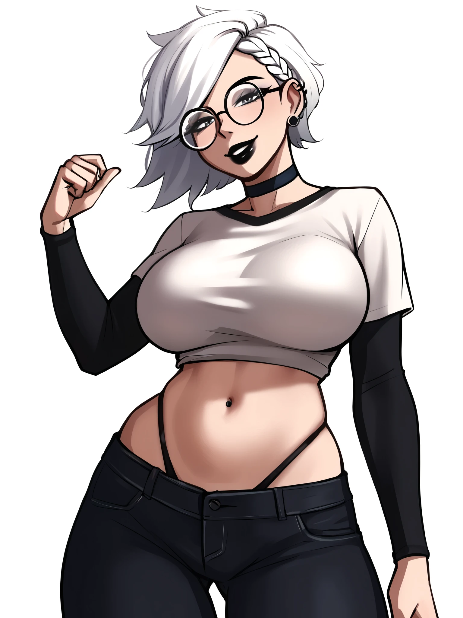 score_9, score_8_up, score_7_up, score_6_up, score_5_up, score_4_up,
BREAK
1girl, white hair, braid hair, tomboy, grey eyes, thick lips, light smile, long eyelashes, half-closed eyes, black-framed eyewear, round eyewear, black choker, swept bangs, adult, mature, black eyeliner, ear piercing, black lips, grey eyeshadow, looking at viewer,
BREAK
solo, standing, large breasts, adult, skinny, wedgie, highleg, arched back, thigh gap, white crop to, black pants, white stripes, patterned clothing, black thong, black choker, goth,
BREAK
(white background:1.2), simple background, dynamic pose, dynamic angle, angled shot, 