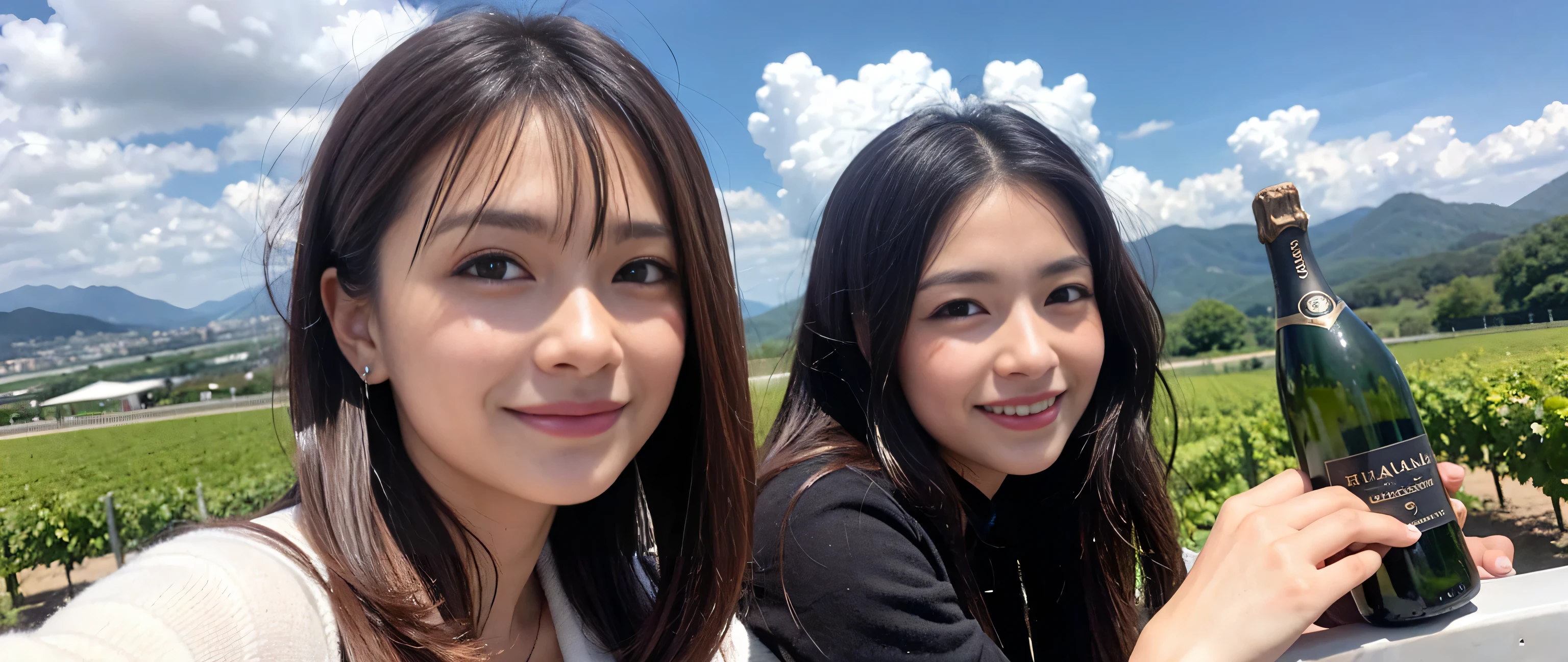 ((highest quality、8k、masterpiece:1.3))、wine 、1 male 1 female、couple、Lovers couple、Slim body、((Bob Hale、Straight hair:1.2)), (Realistic, Intricate details:1.2), テーブルにWine Glass、Shine light on your face、 Amazing view of the sunset sky and clouds、Amazing mountain views、A bright smile、The wonderfulness of smile、Bright image、The beauty of wine, Beautiful Face, blue eyes, The light shines on your face, Blushing, short hair,Bright Face、 (Age 37), 39 years old, Red wine 、Appetizers、Italian food、wine bottle、Champagne、Sparkling wine、Two beauties、Brown Hair、Shortcuts、Long sleeve shirt、dress、Pretty Woman 1, (Slim face), (The body is slim), (Brown Hair), (Shortcuts), cheeks turn a little red,Attractive beauty、restaurant, In a prominent place (From the waist up) Nova Frog Style, actress, model, Upper Body, White wine, slim, Wine Glass, 真ん中に置かれたWine Glass, smile, (smile: 1.15), Beautiful fine grain, Depth f/2,saturation, High Contrast, Strong light and shadow,Moist Body:1.5、3D texture、Delicate eyes、Brown Hair、The hair is very shiny、
