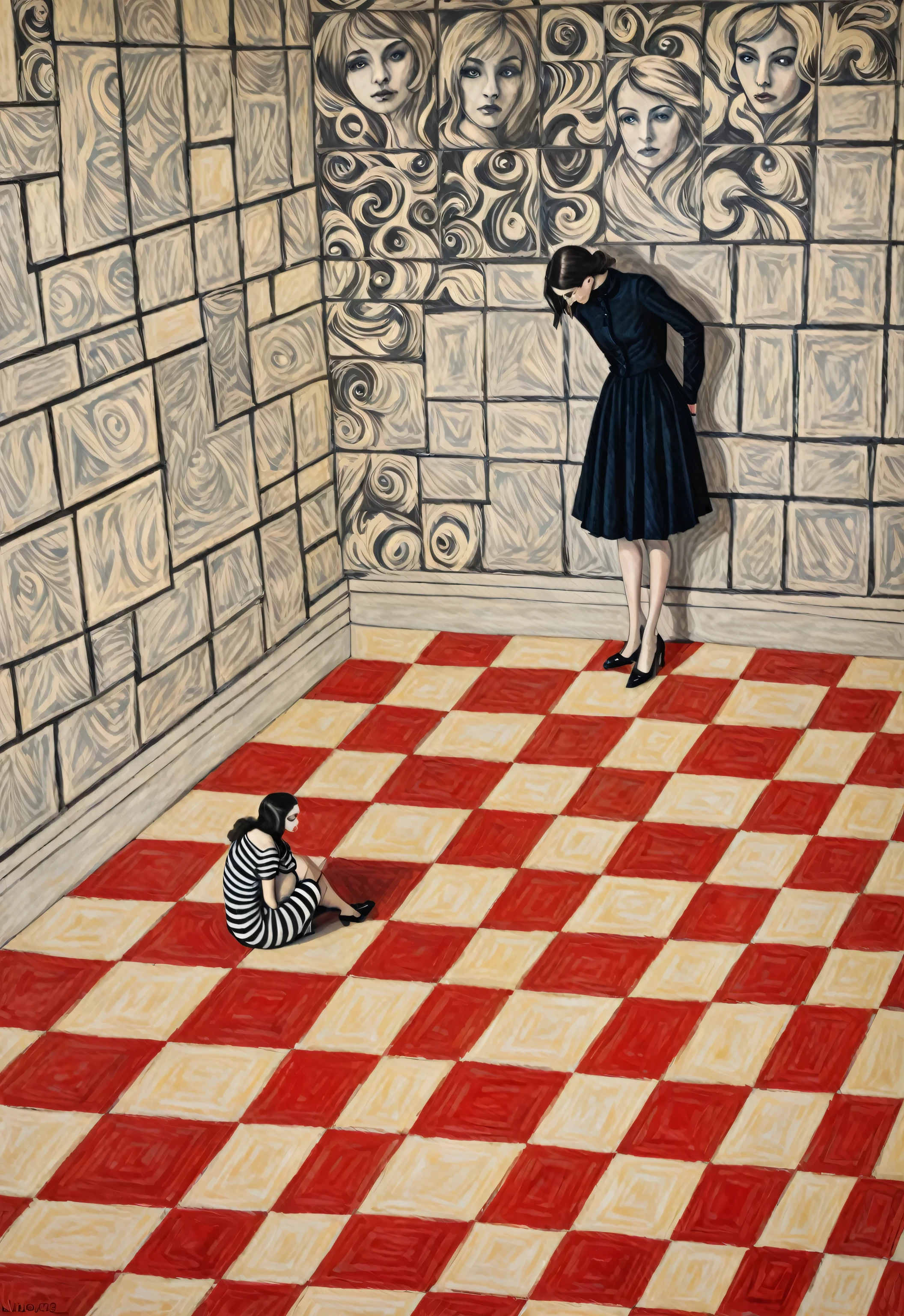 painting of a woman and a in a room with a checkered floor, a pastel by Louisa Matthíasdóttir, tumblr, conceptual art, on a checkered floor, nika maisuradze, ( conceptual art ), style of edward gorey”, concerned, claustrophobic room, sergey zabelin, illustration”, alexandra fomina