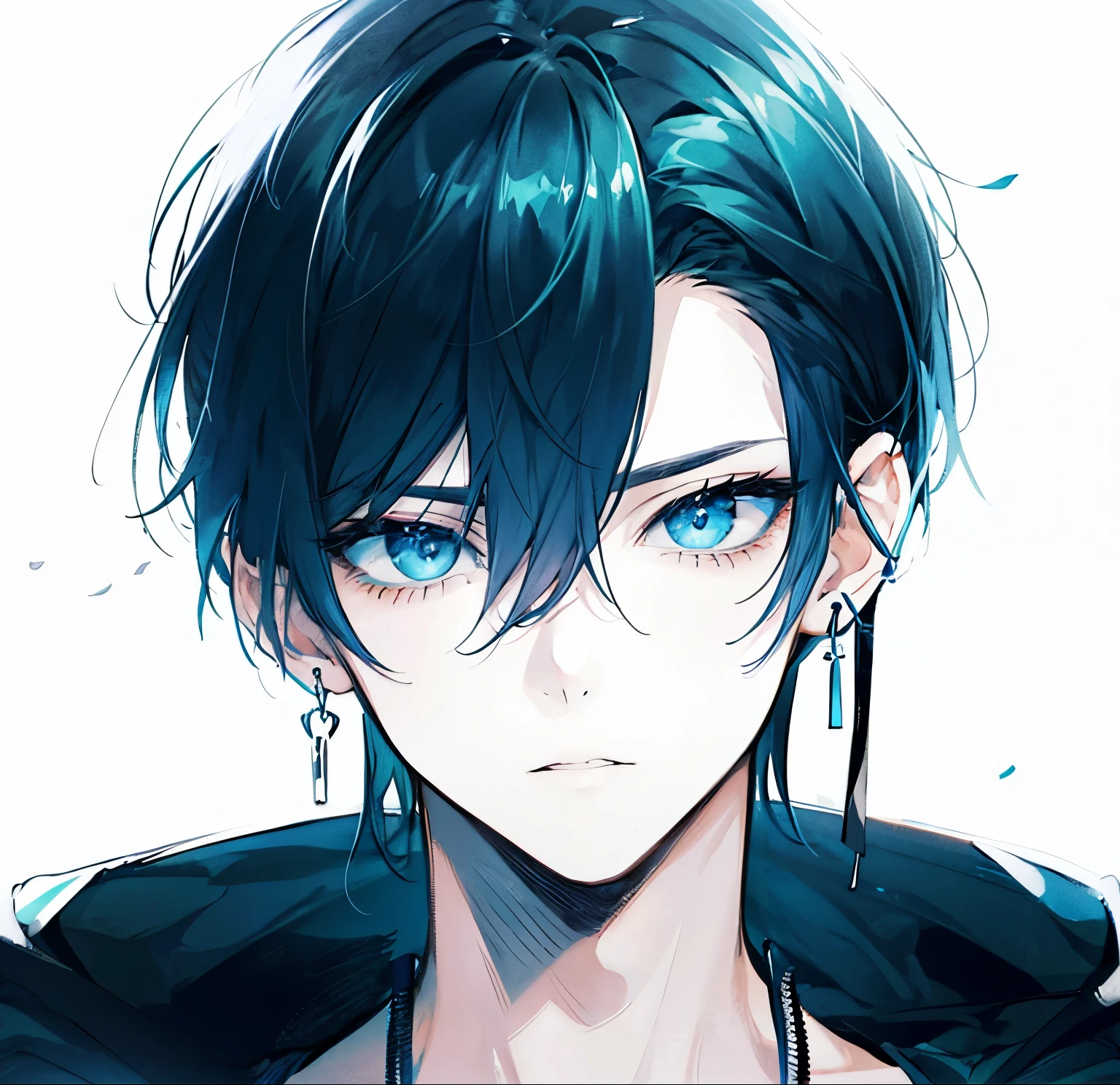 high resolution、high quality、Blue-black hair、Turquoise eyes、hoodie、male