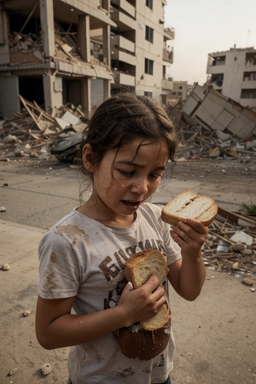 Draw a crying baby with bread in her hand, stuck in war and in the middle of destroyed buildings