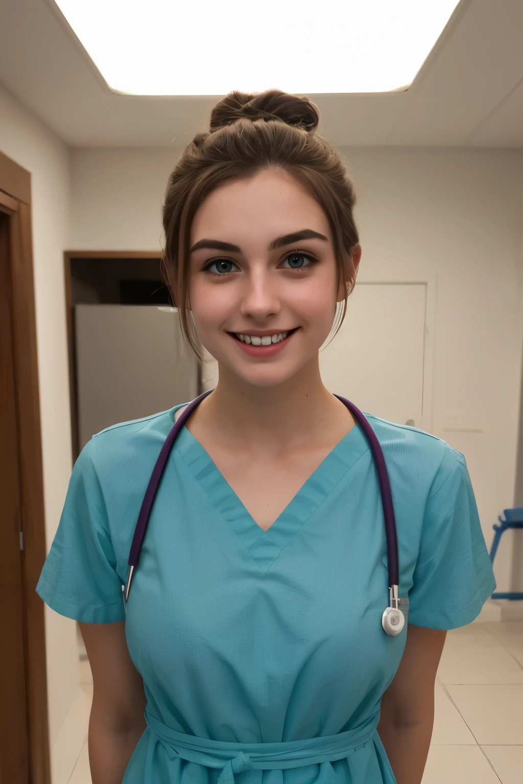 A Realistic Portrait, of a ager girl, 14 yyden Pannetiere)), as surgical nurse, wearing dark ocean-blue surgical scrubs, standing in medical change room, schier, Vollansicht, Seitenschuss, Full body shot, , Full body closeup, Beautiful, detailed face, detailed eyes, (realistic skin:1.3), (pale skin:1.1), (textured skin:1.3), (()), big smile, (iphone photograph), , (artificial lighting:1.3), looking at the camera, perfect slim body, amateur Photography, Photorealistic, Detailed, analog, poor quality, grainy, , frontal wideangle, showing full body, direct front perspective, ,short hair tied up, hair bun, hair tied as chignon