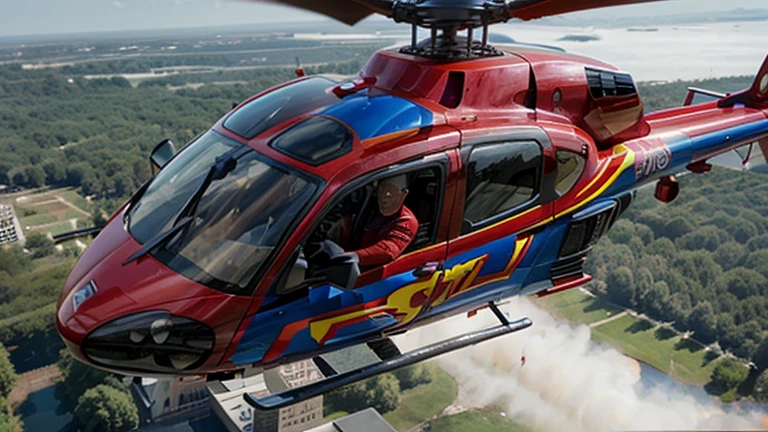 Joyful superman, rides a helicopter, fits perfectly into the picture,