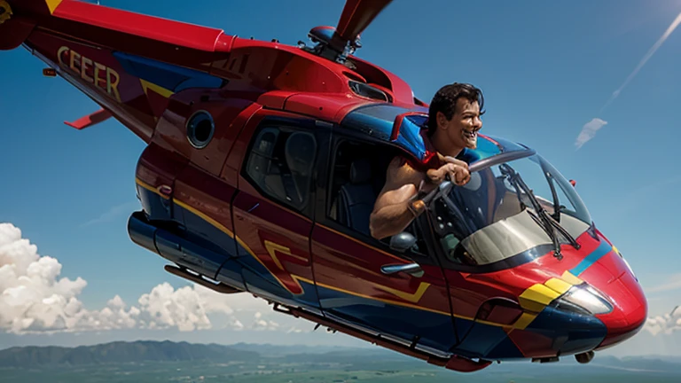Joyful superman, rides a helicopter, fits perfectly into the picture,